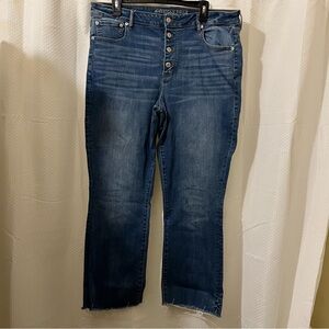 American Eagle Hi Rise Crop Flare Button Fly Raw Edge Medium Wash 20 Long